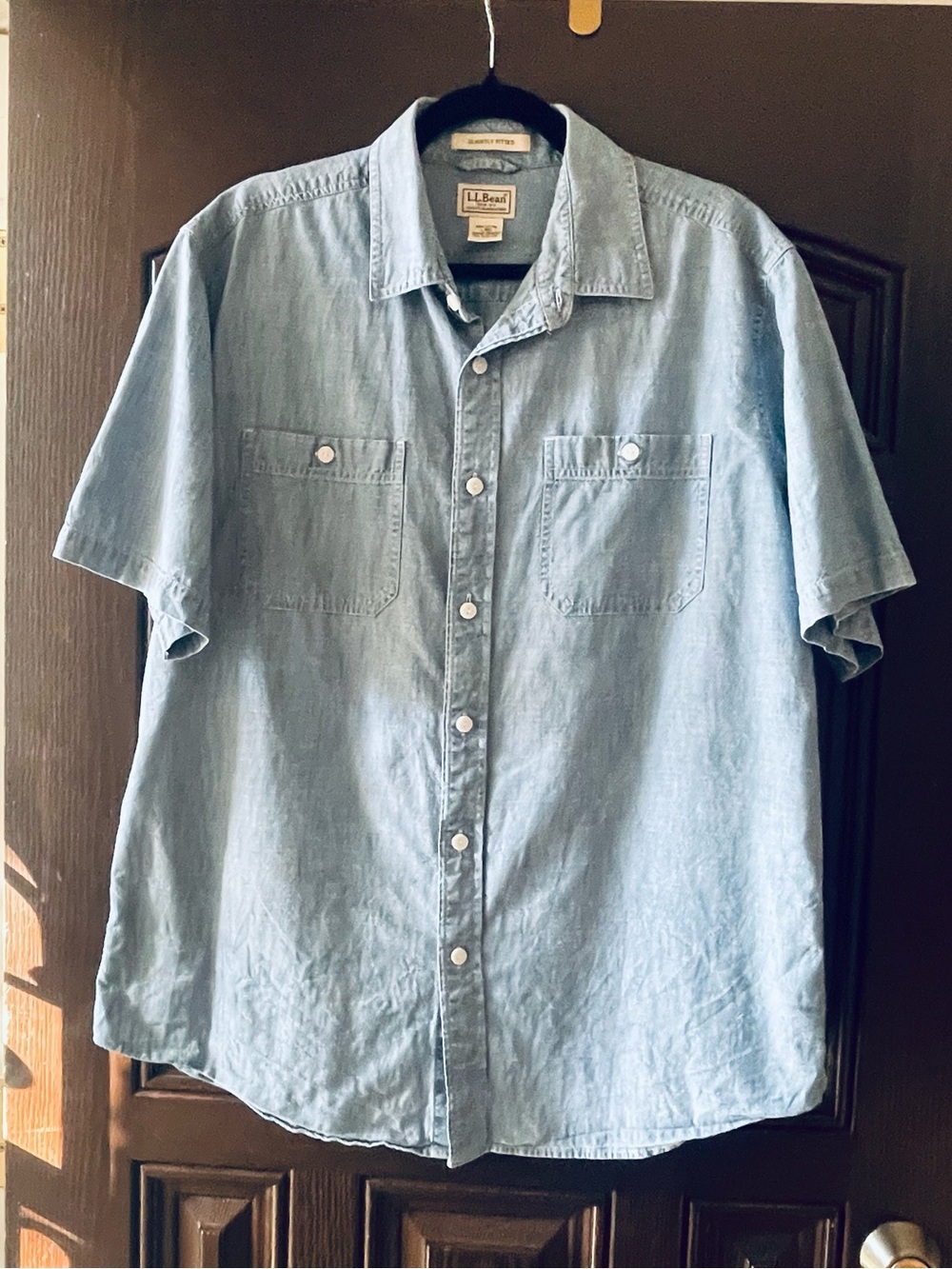 L.L.Bean Men’s Large Regular Light Blue Chambray Shirt Short Sleeve Cotton